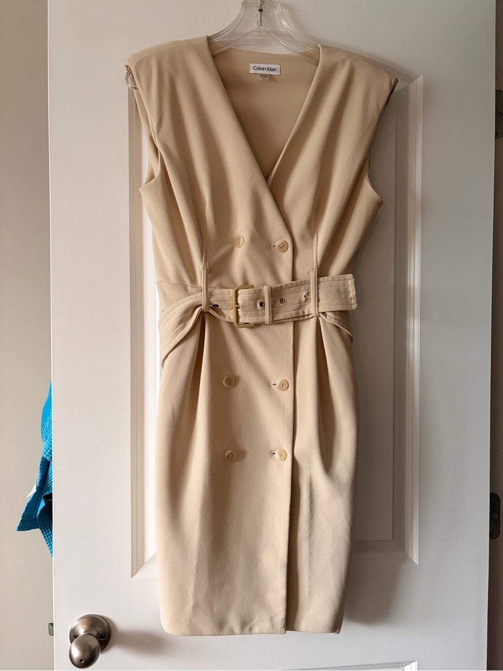 Calvin Klein Beige Double-Breasted Belted Midi Dress